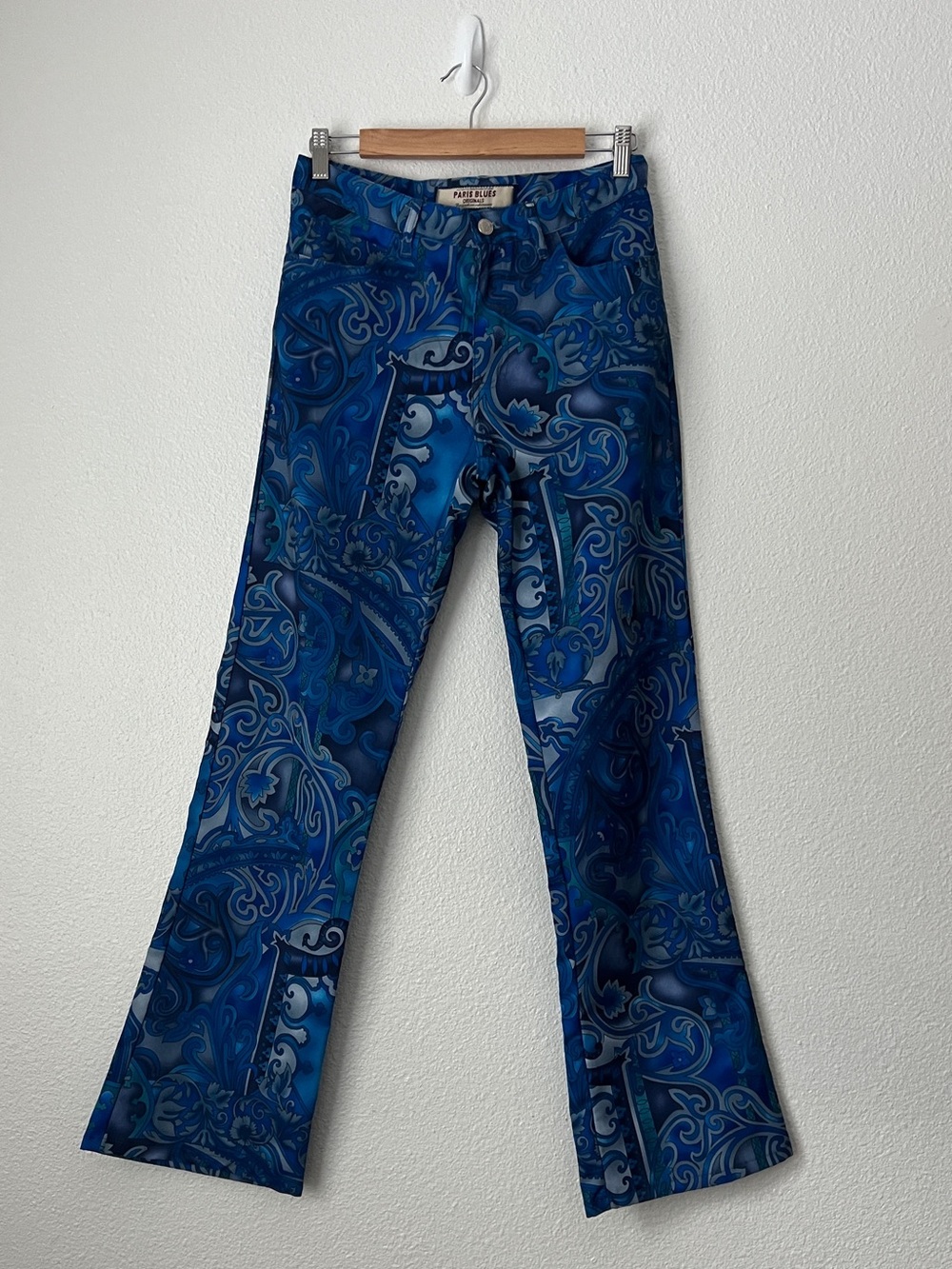 Vtg 90s Paris Blues Paisley Flare Pants Womens 9 Blue Psychedelic Retro Y2K